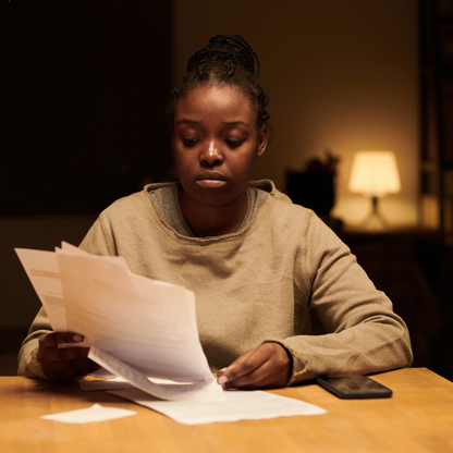 Woman reading documents at a table in a dimly lit room
